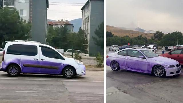 TIR yola boya dökmüştü: Araçların mora boyadığı anlar